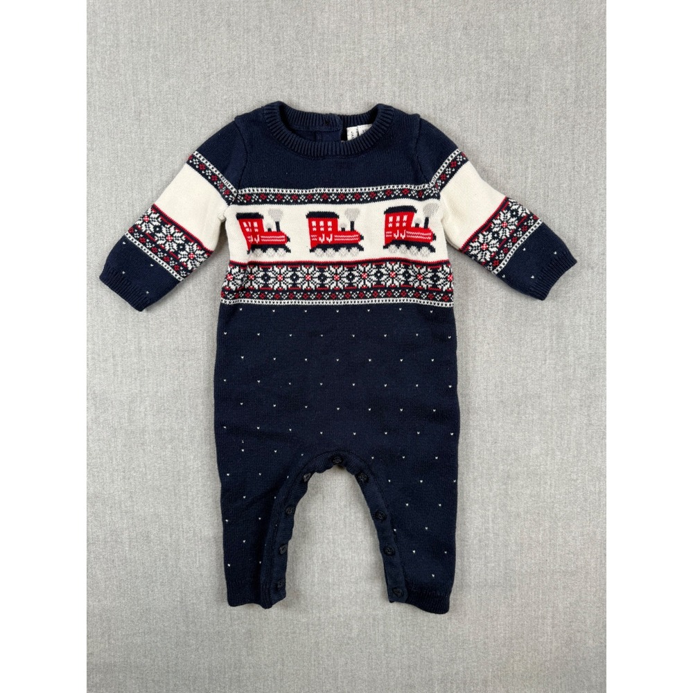 Janie and Jack Boys Navy‎ Blue Train Fair Isle Knit Romper 3-6 Months Cotton